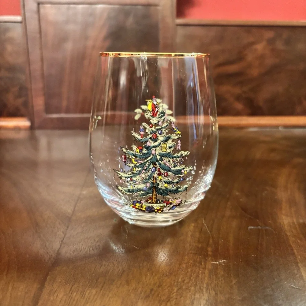 Spode Christmas Tree Stemless Wine Glasses Gold Trim Holiday Cocktail Set of‎ 2